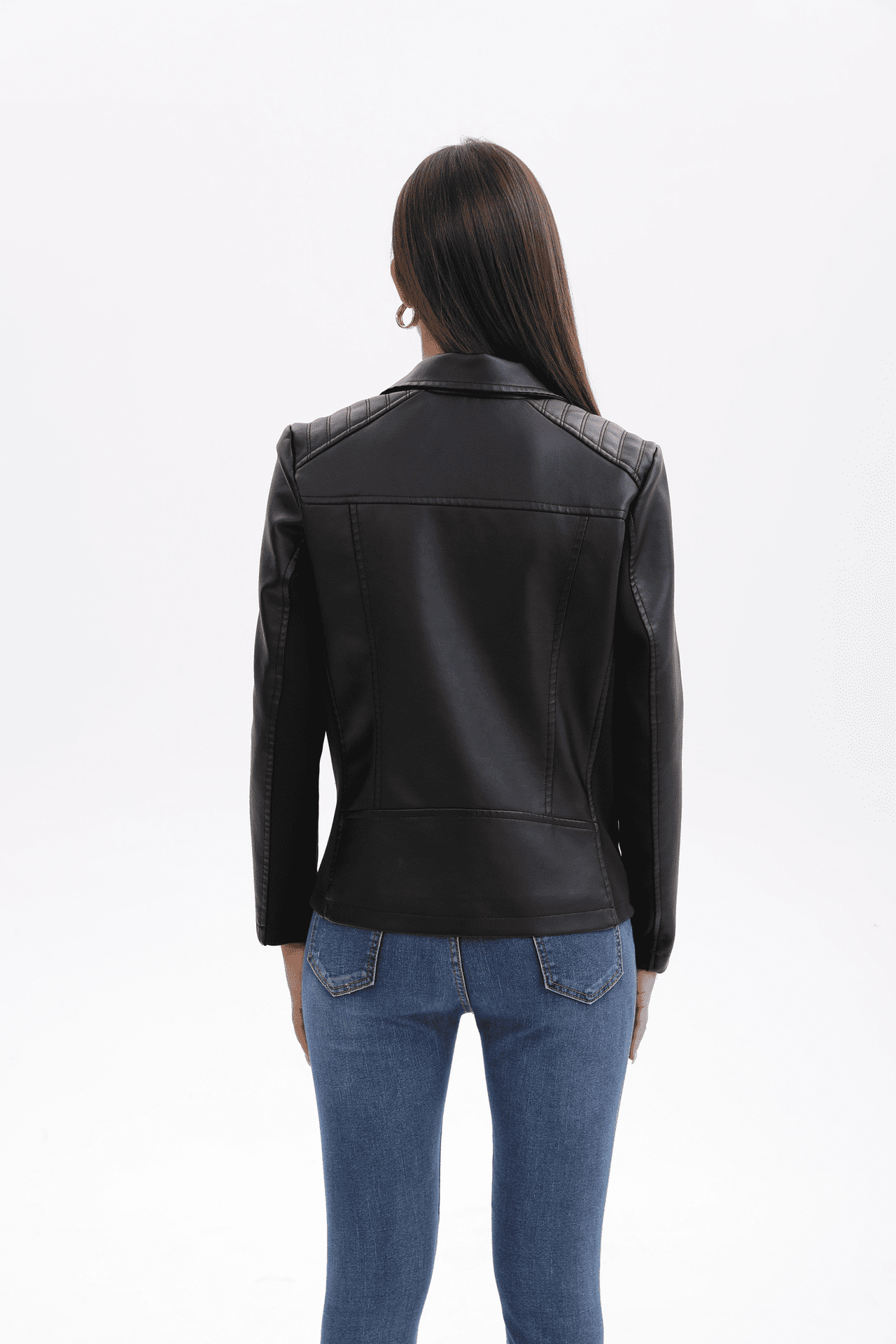 Panan Women's Faux Leather Jacket with Collar Long - Sleeve, Full - Zip Front & Side Zipper Pocket