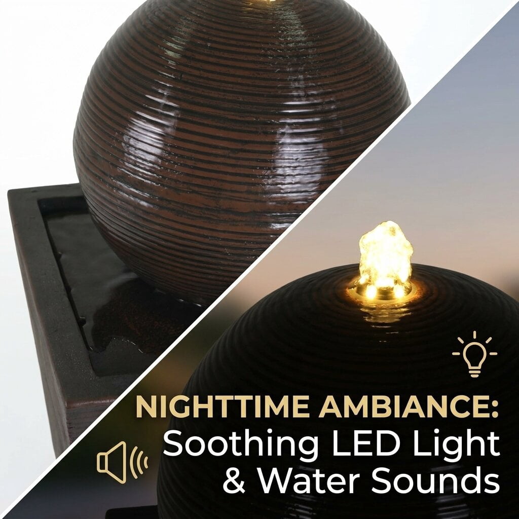 35.50" H Modern Outdoor Water Fountain with LED Light, Resin Sphere Pedestal Water Feature with Recirculating Pump for Patio, Garden, Yard Decor, Brown
