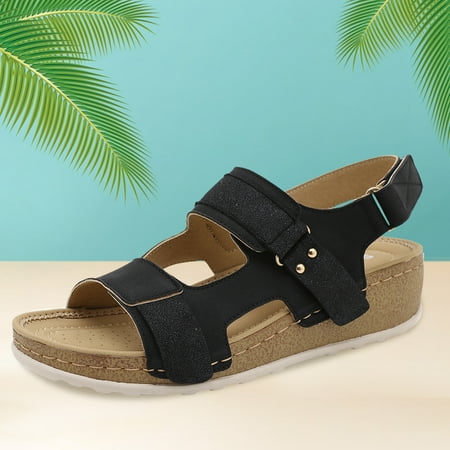 

uikmnh Women Shoes Women s Sandals Shoes Wedges Fashion Buckle Strap Sandals Summer Shoes For Women Black 8.5