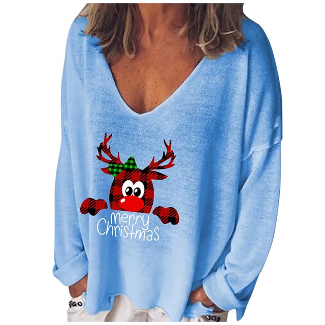 Mode Femme Décontractée Imprimé Col en V Ample Manches Longues T-shirt Haut Blouse Chandail