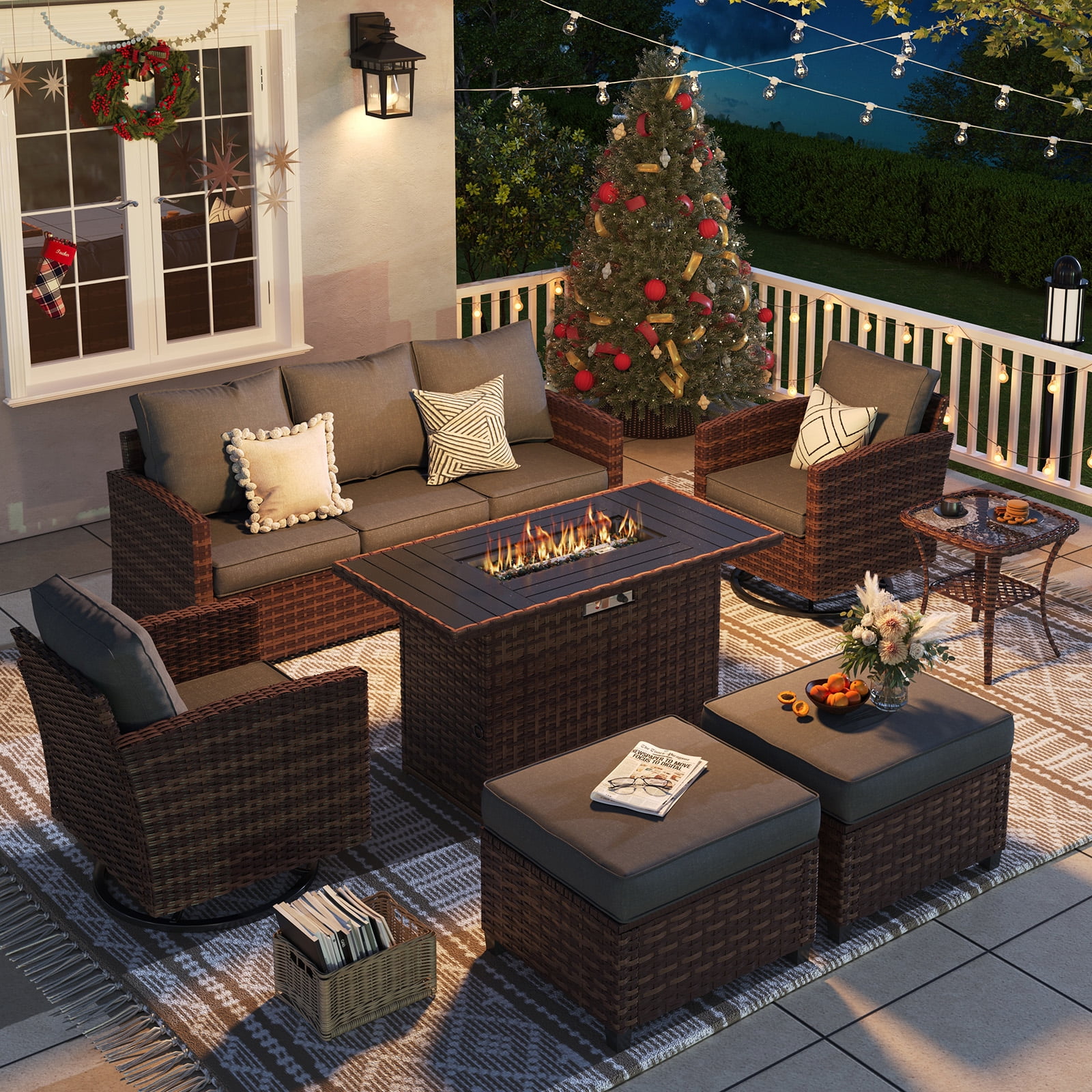 ELPOSUN Patio Furniture Set, 7 Pieces Outdoor Patio Set, All-Weather Wicker Rattan Outdoor Furniture Set with Fire Pit Table & Swivel Chairs for Poolside, Backyard,Grey