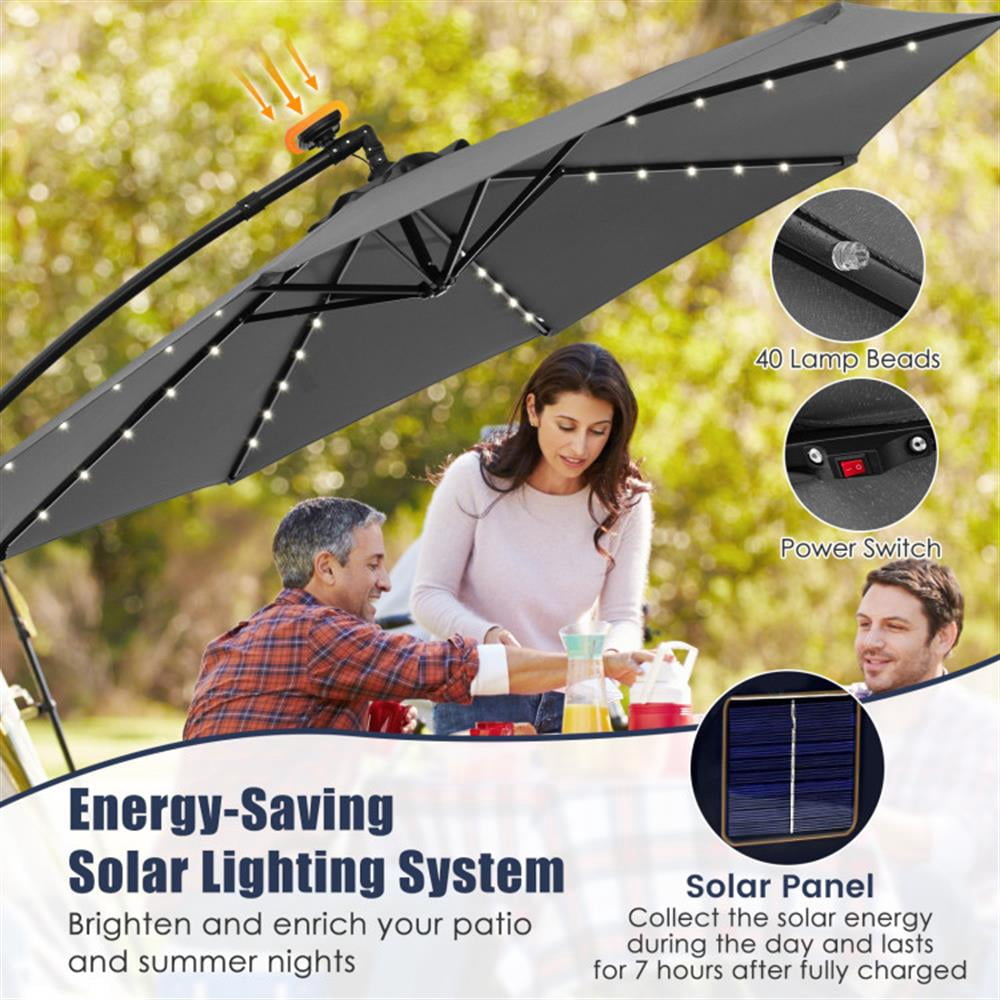 Spaco 10 Feet Solar Offset Hanging Umbrella with 40 Lamp Beads and Solar Panel, Outdoor Umbrellas for Patio, Patio Table Umbrella, Deck Umbrella-Gray