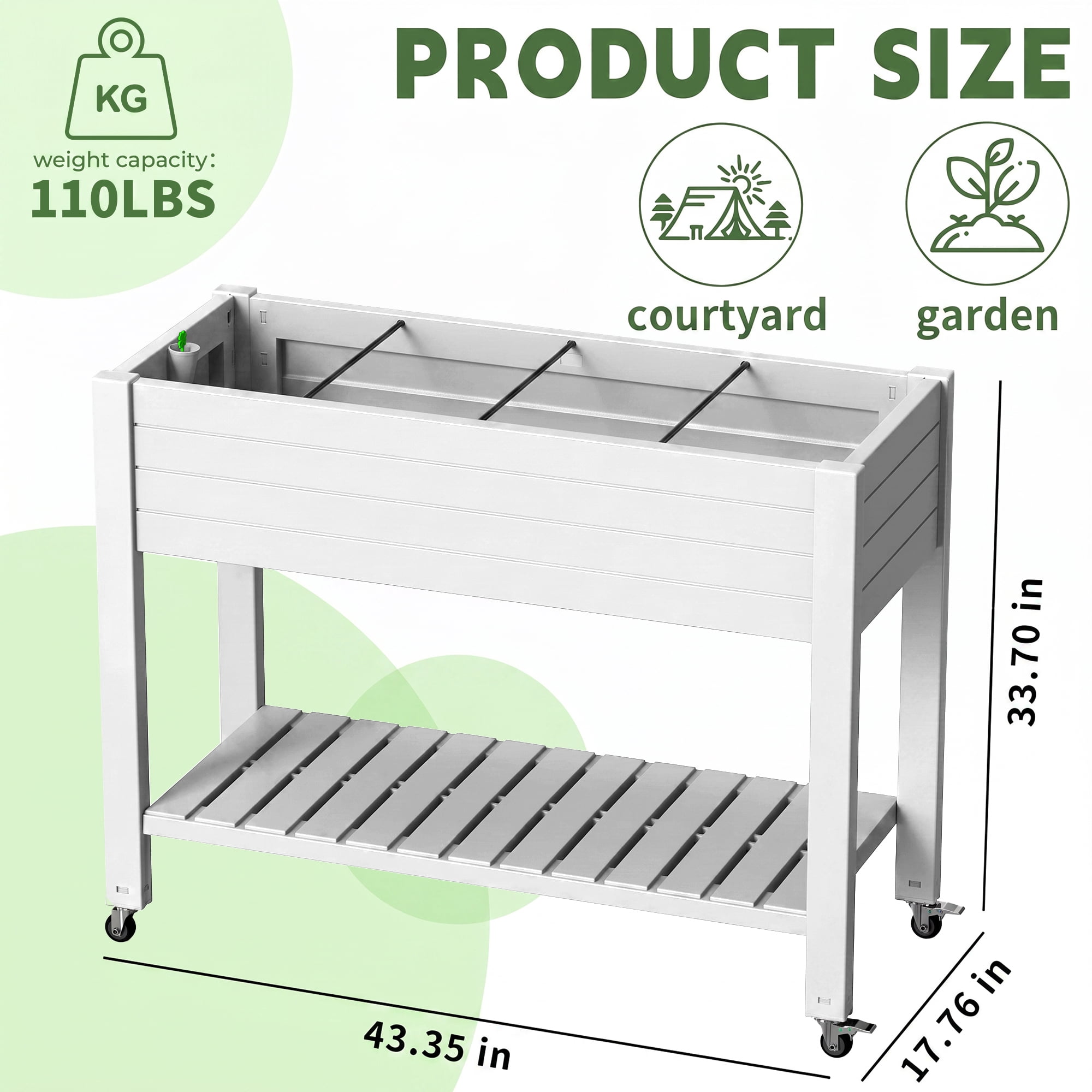 Joxxoaa Raised Garden Bed with Legs,Self-Watering Resin Planter Box with Lockable Wheels Drainage Plug and Gauge for Vegetables, Flowers, Storage Shelf for Tools and Accessories (White)