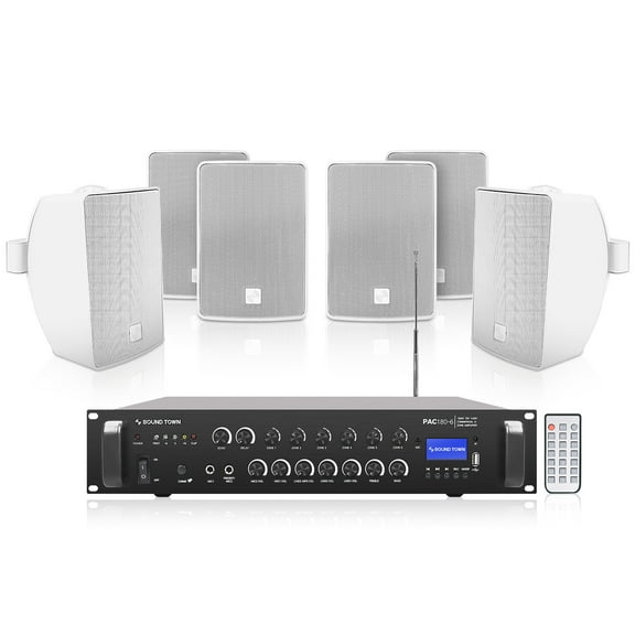 Sound Town Commercial Restaurant Bluetooth Amplifier   Surface-Mount Speaker Set, with One 6-Zone 70V/100V Amplifier with Bluetooth, 6 x 4.5-Inch Surface-Mount Speakers, White (PAC180X6TV4W)