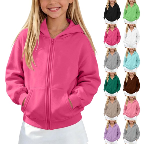 WAVSUF Kids Girls Hooded Sweatshirt Soft Comfortable with Pockets Zipper Fleece Winter Active Pullover 7-8