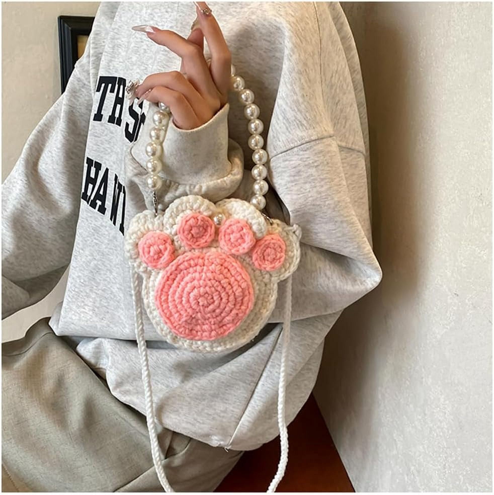 Ladies Crochet Cat's Paw Shape Crossbody Bag with Pearl Chain Cute Handmade Crochet Cat's Paw Handbag Cat's Paw Purse