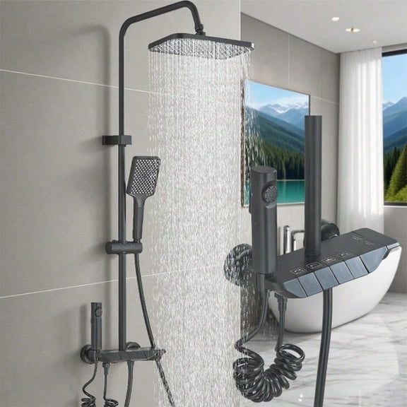 Zovajonia Black Thermostatic Shower Mixer Set Black Digital Shower Set,Intelligent Brass Bathroom Faucets,Hot Cold Waterfall Tap