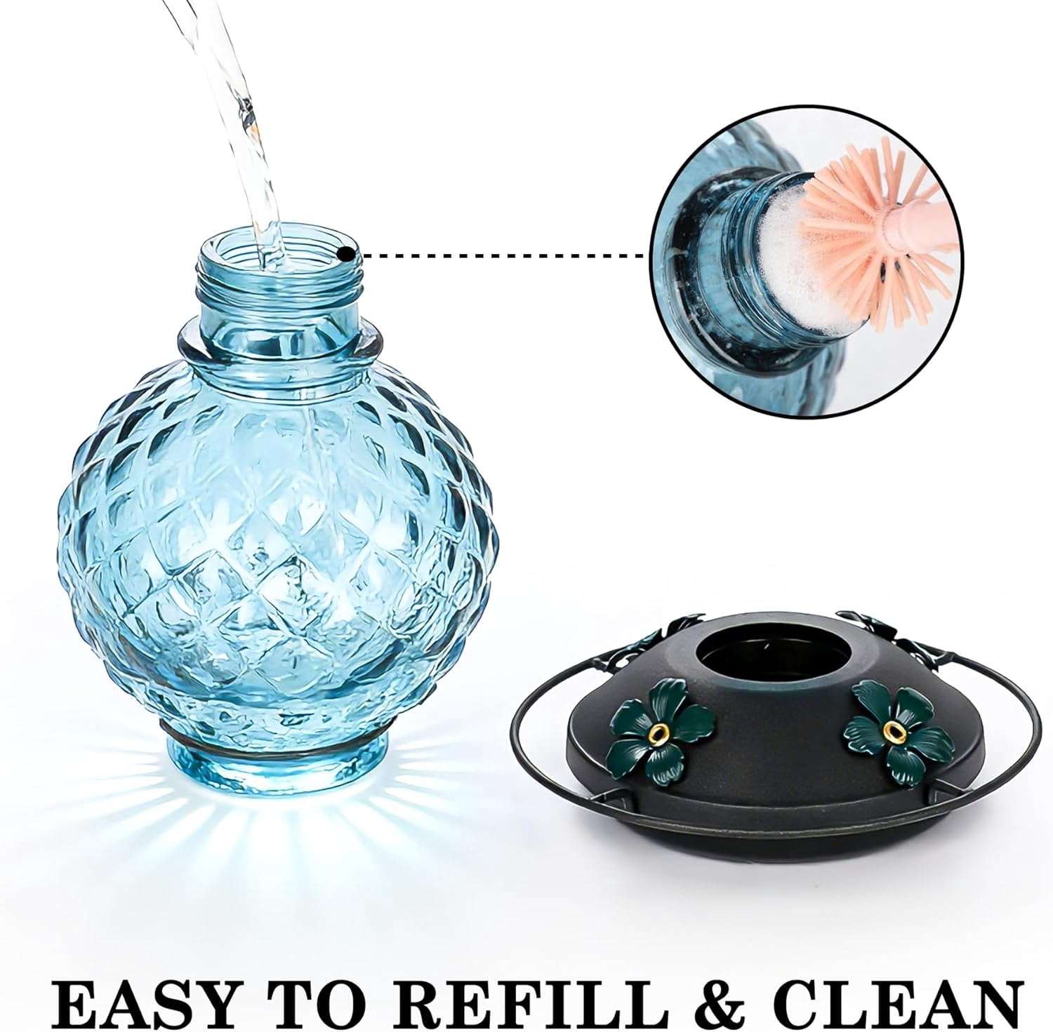 Glass Hummingbird Feeder for Outdoors Hanging, 25 OZ Humming Bird Nectar Feeder with 4 Bee Guard Feeding Ports & Built-in Ant Moat, Bird Feeder for Outside, Gifts for Women Mom, Blue