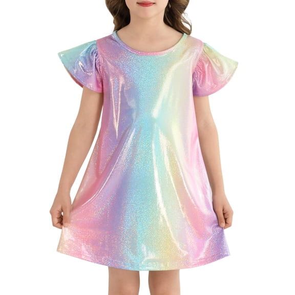 Fdqin Girls Birthday Dress Metallic Shiny Sparkly Rainbow Dresses Colorful Flutter Sleeve Swing Midi Prom Sundress Rainbow 3-4 Years