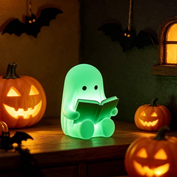 Halloween Luminous Ghost Reading Book Figurine,Cute Kawaii Ghost Figurine Summerween Decoration,Halloween Ambiance Lamp for Indoor Party & Spooky Outdoor