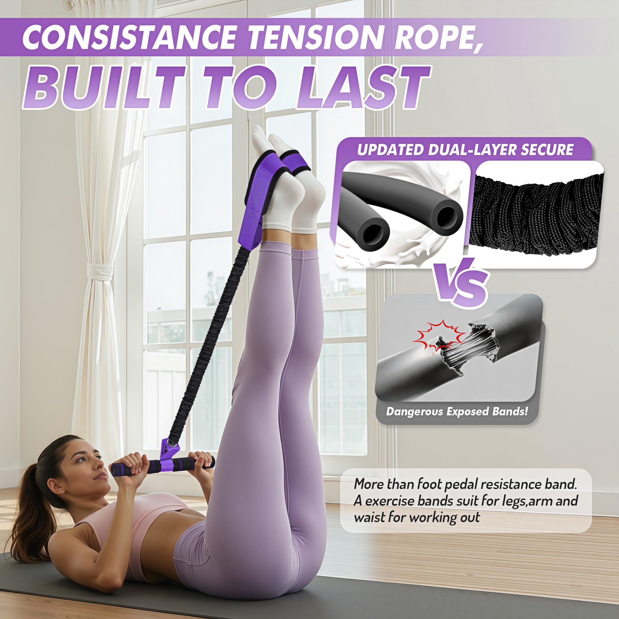 Pedal Resistance Band with Handle | Upgraded 55LBS Exercise Resistance Bands for Core, Abs, Legs, Glutes, Arms, Strength, Physical Therapy, Pilates, Sit Up Workout Equipment for Women Home Gym