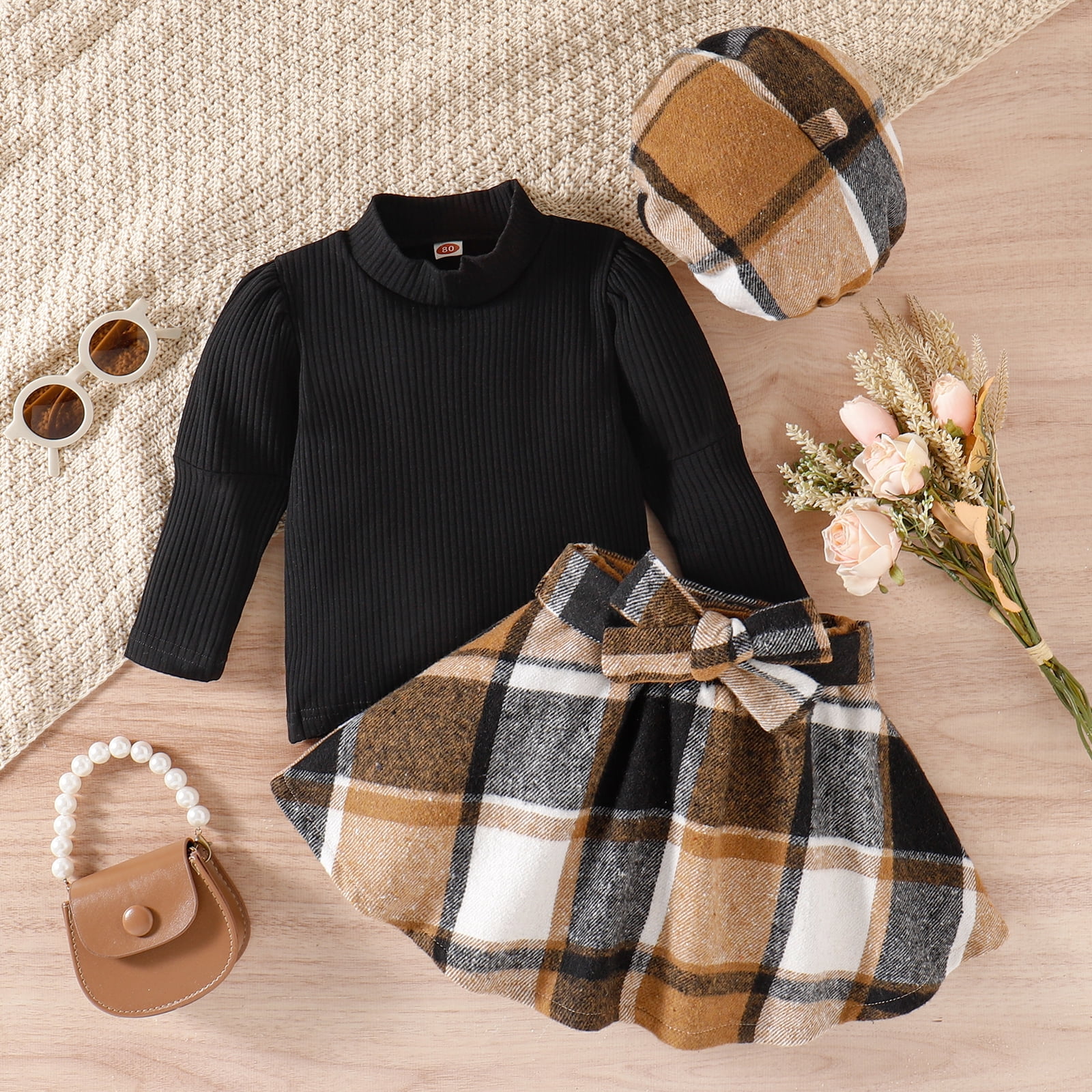 2pcs Kid Girl Ruffled Waffle Long-sleeve Brown Tee and Floral Print Bowknot Design Skirt Set
