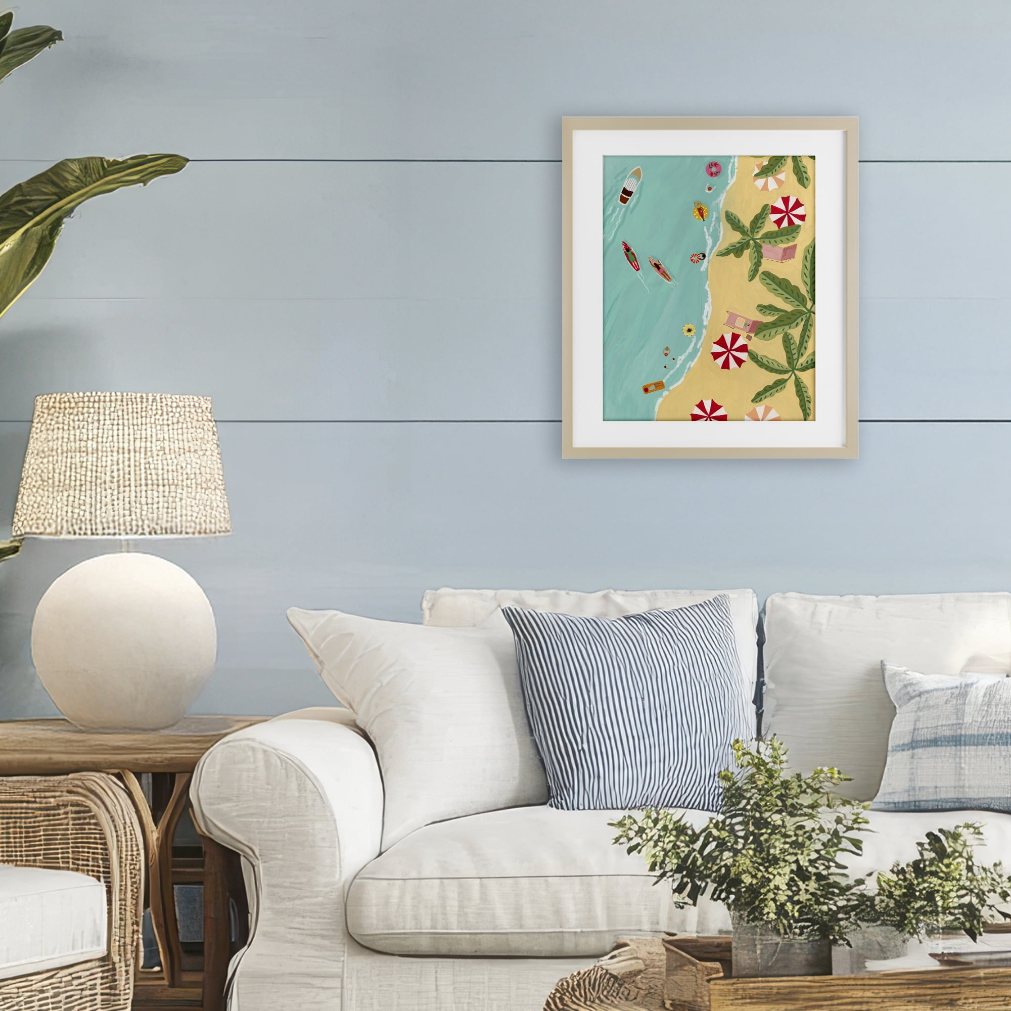 Busy Beach Day Hangout Birch Framed Print Under Glass, design by Nabeela Rumi