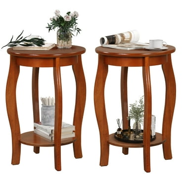2 Tier Round Table Sideboard (Set of 2) Narrow Sofa Side Nightstand with Storage Shelves