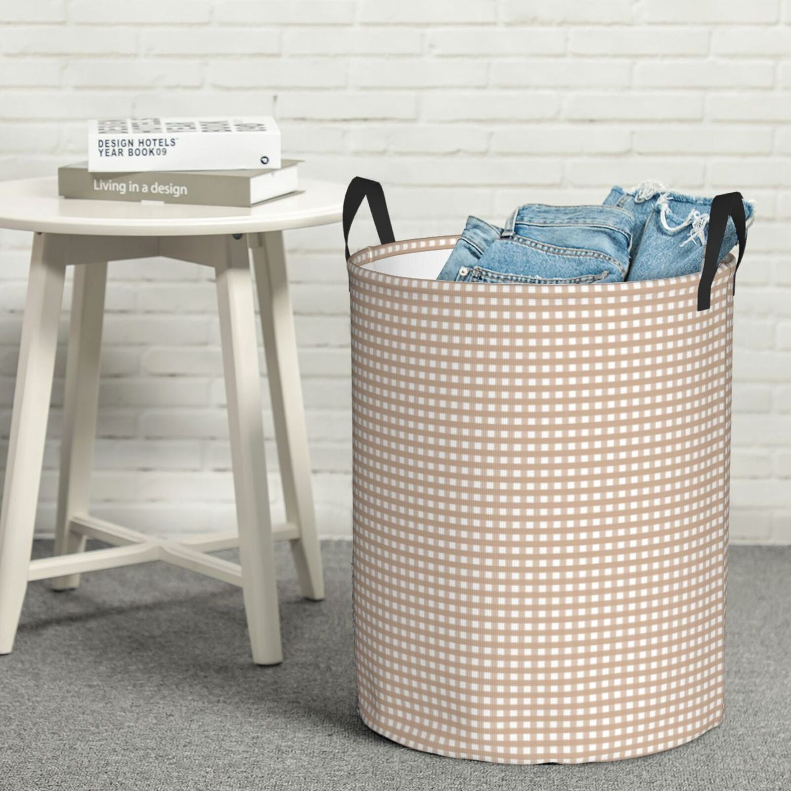 Rateoe Brown Gingham Pattern Round Laundry Hamper Basket, Tall Hamper Basket for Blanket Storage, Nursery Clothes Hamper for Laundry in Bedroom and College Dorm-Small