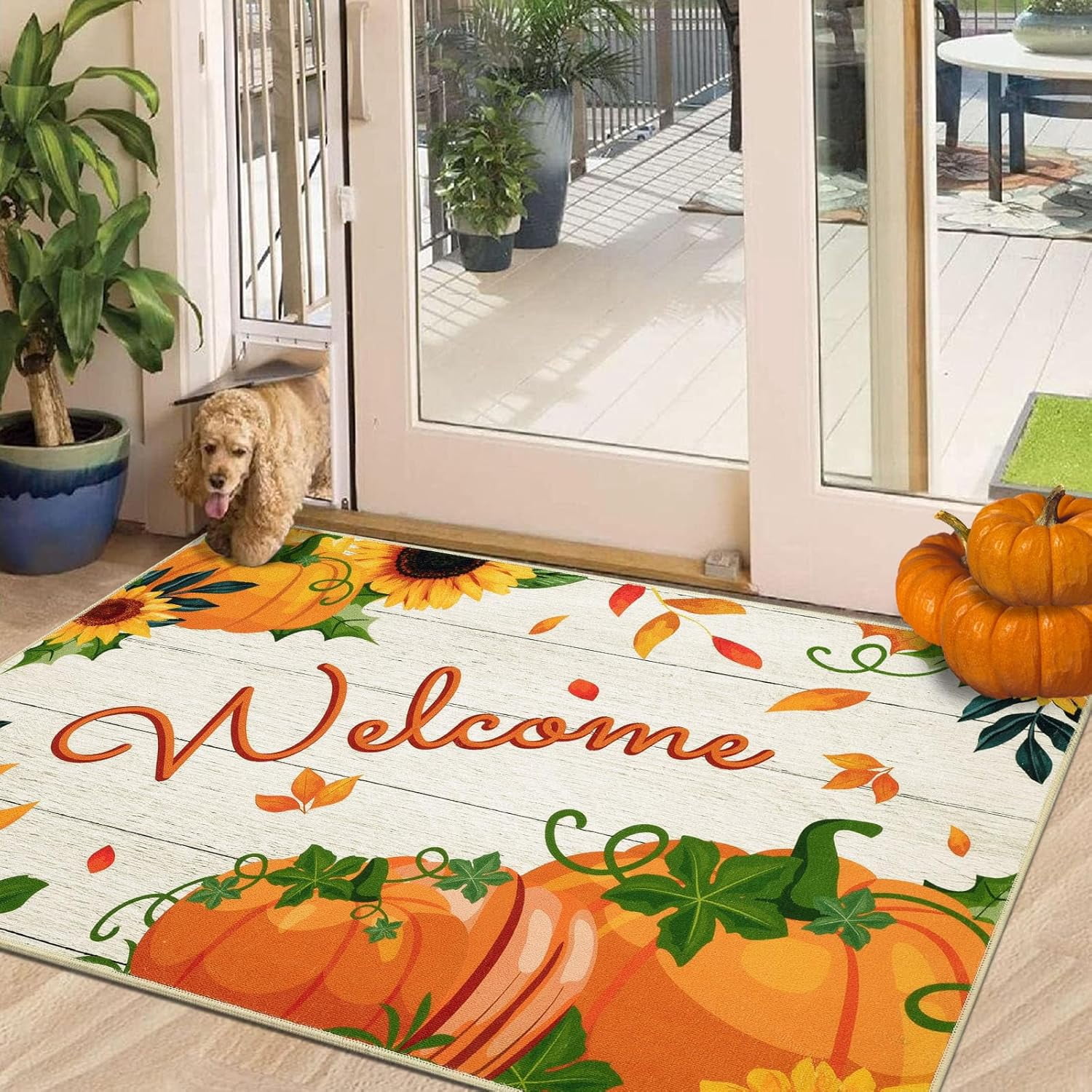 HEBE Fall Door Mat 20"x32" Non Slip Pumpkin Welcome Doormat Buffalo Plaid Doormats for Autumn Harvest Thanksgiving Farmhouse Large Entrance Doormat Low Profile Floor Carpet Mat Washable