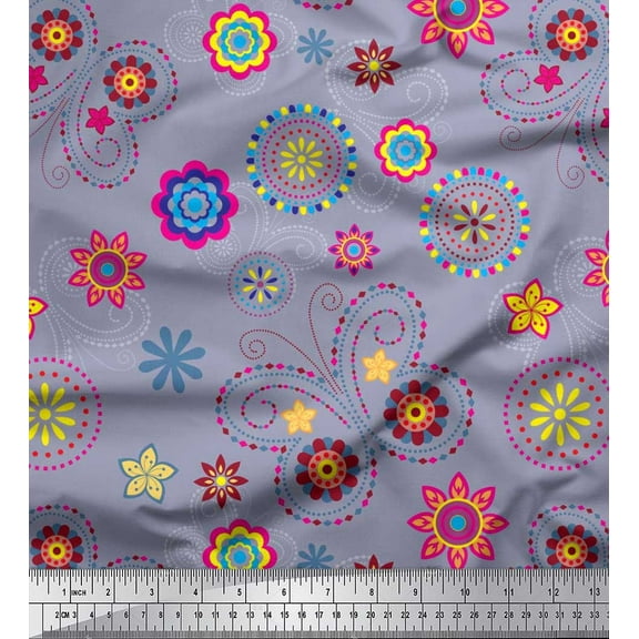 Soimoi Gray Viscose Chiffon Fabric Insect & Floral Clip Art Print Fabric by The Yard 42 Inch Wide