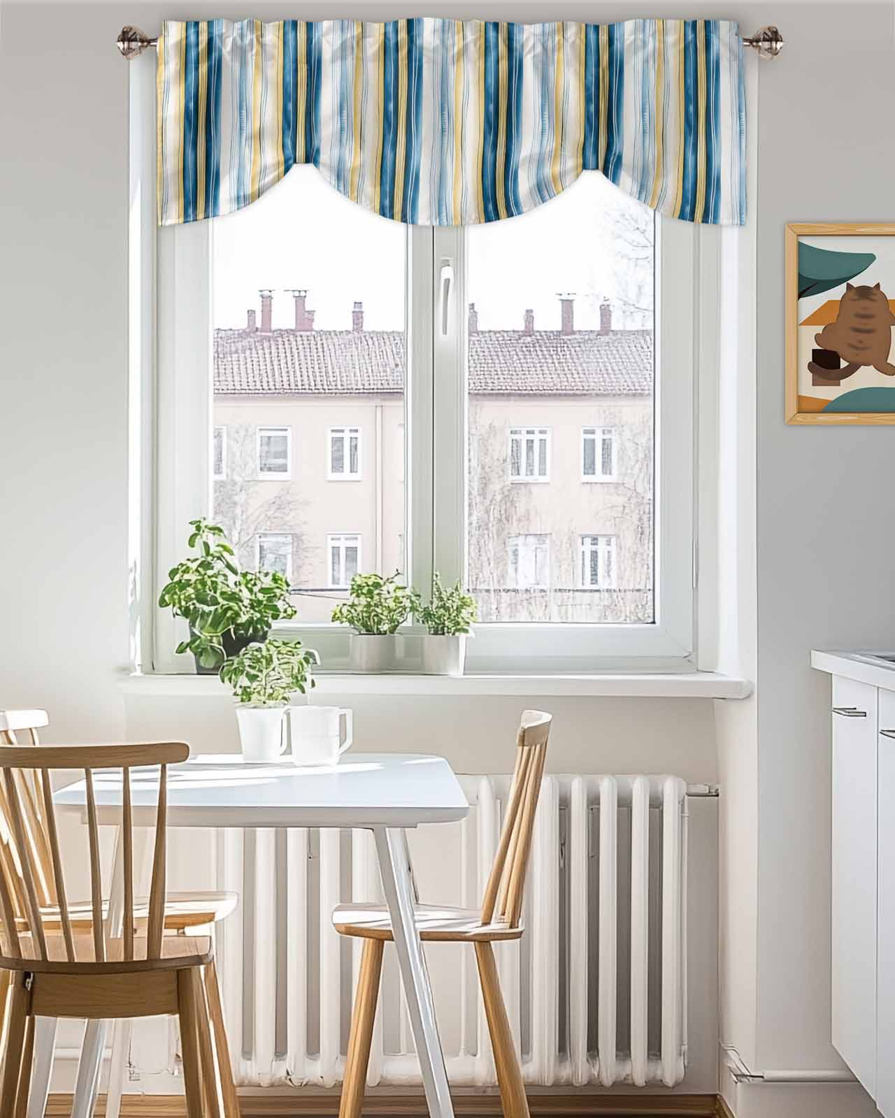 Vintage Stripes Tie Up Valances Curtain, Blue Yellow Striped Abstract Lines Gradient Kitchen Valances for Windows Decor, Rod Pocket Short Curtains Set for Bedroom/Bathroom, 54"x18"