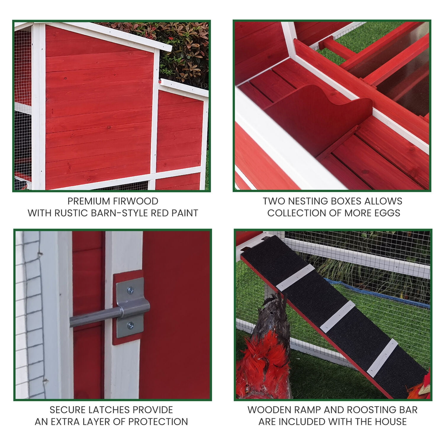 Hanover Outdoor Elevated Red Wood Chicken Coop with Ramp, Wire Mesh Run