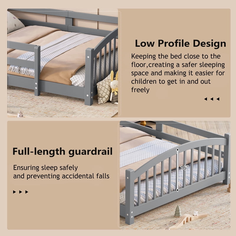 Mirightone Twin Floor Bed with Guardrails, Wood Montessori Bed Frame with Slats, No Box Spring Needed - Gray