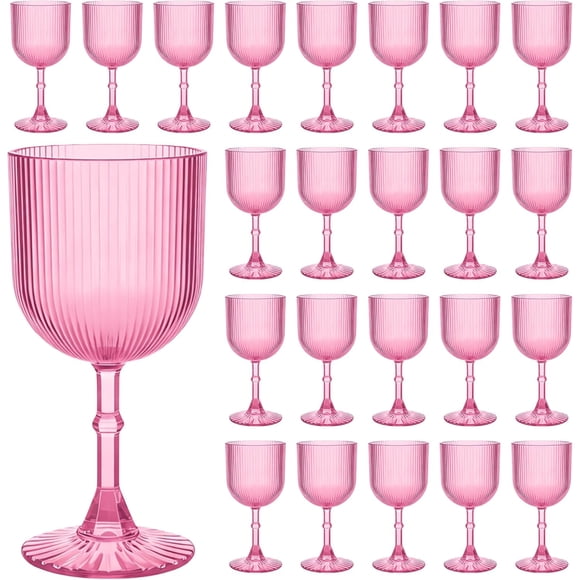 Plastic Wine Glasses 9oz Set, Ribbed Vintage Goblets Unbreakable Reusable BPA-Free Stemmed Drinking Glasses for Parties, Weddings & Events (Pink, 24pcs)