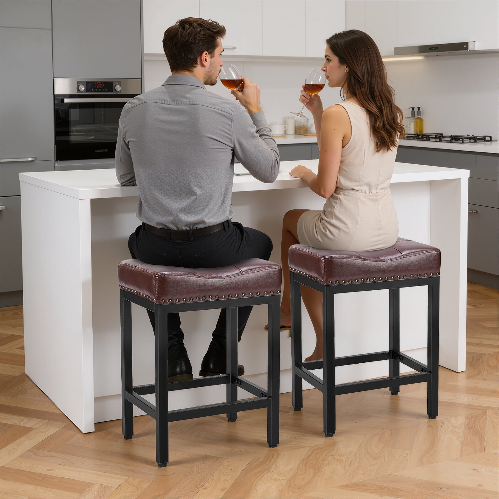 Sybels 24" Saddle Bar Stools (Set of 2) - PU Leather Counter Stools with Footrest for Kitchen Island, Cafe，Brown