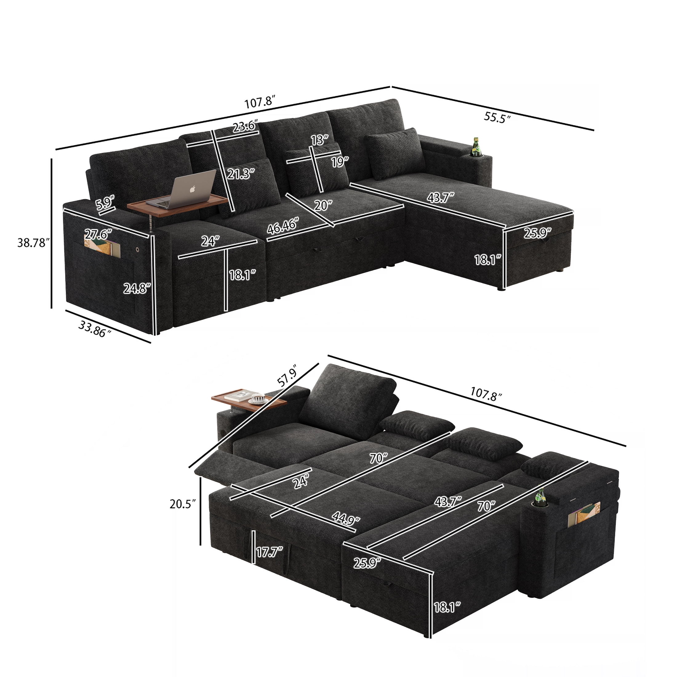 AISWORD 108" 3-in-1 Convertible Pull Out Sofa Bed, 6 Position Adjustable Sleeper Couch with USB Ports, Laptop Table, Cup Holders & Side Storage Pockets, Black