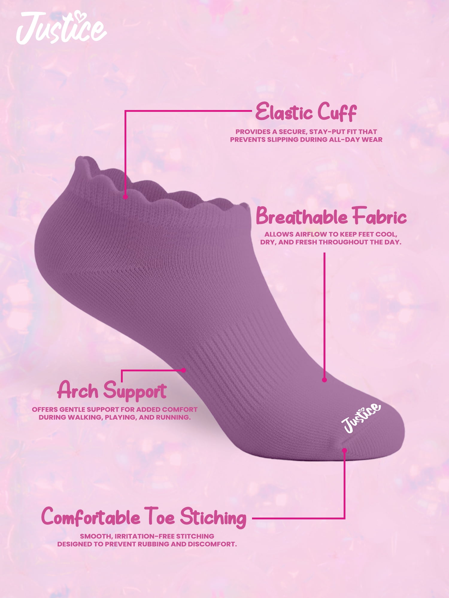 Justice Cushion No Show Socks for Girls with Scallop Edge for All Day Wear, 10 pk Pink Multi Color