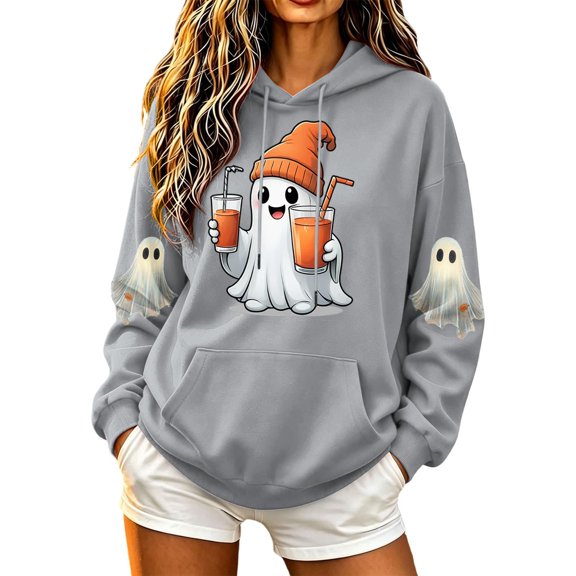 Smupbvky Womens Halloween Graphic Sweatshirts Cute Ghost Oversized Hoodie Fall Long Sleeve Tops with Pocket Casual (L, Gray)