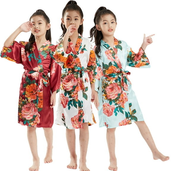 KYAIGUO Girls Silky Robes Pajamas for Kids Baby,Little Big Boys Silk Satin Night-Robe Print Summer Pj Youth Floral Printing Bathrobe Sleepwear Clothes ,Size 2-14T