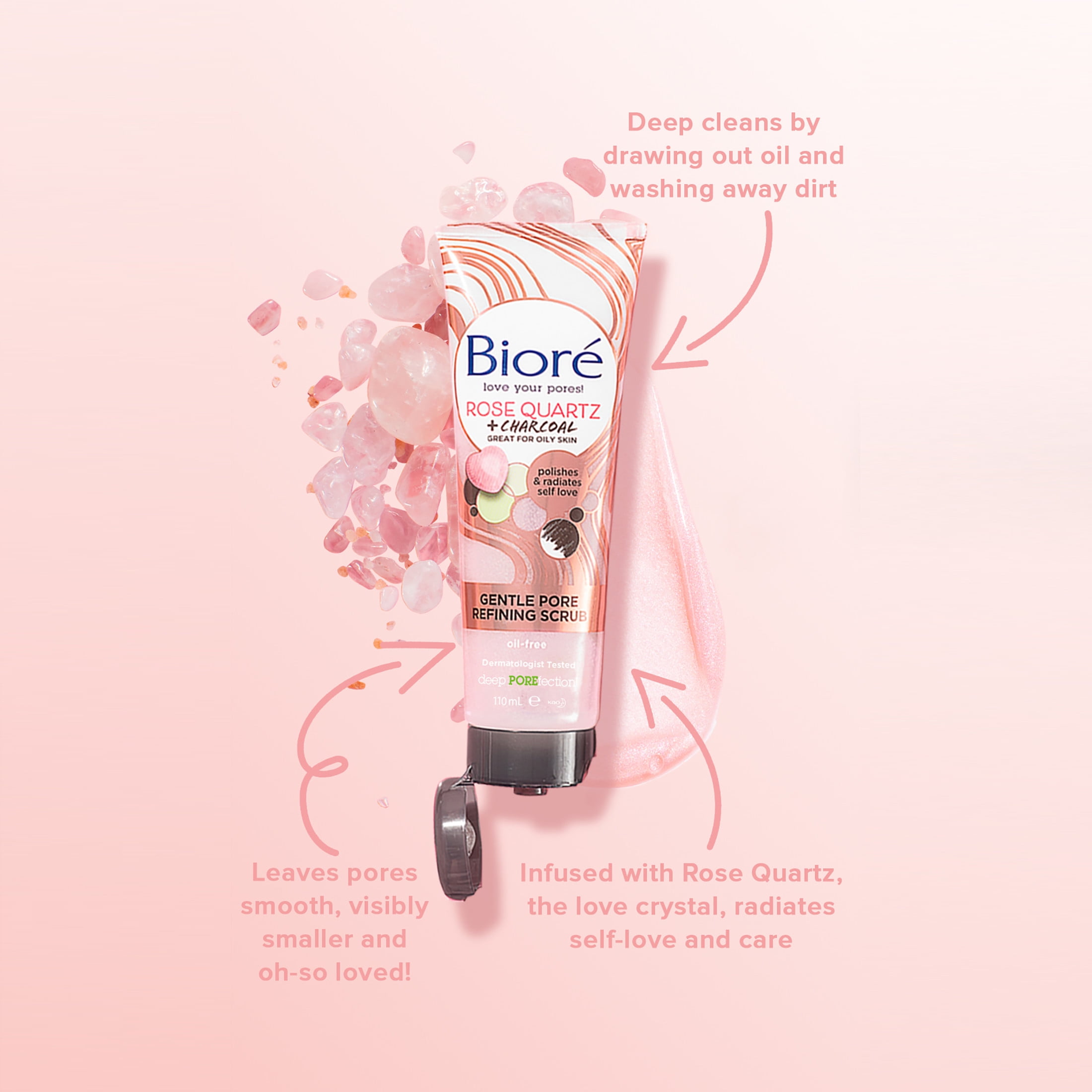 Bioré Rose Quartz + Charcoal Oil Gentle Pore Refining Facial Scrub, 4 fl oz