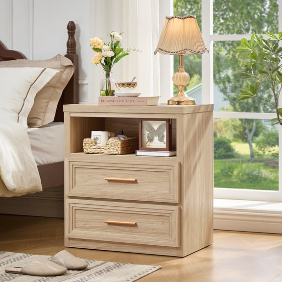 LEYAOYAO Farmhouse Nightstands with 2 Drawers and Open Storage, End Table Bedside Table for Bedroom Living Room, Natural Oak