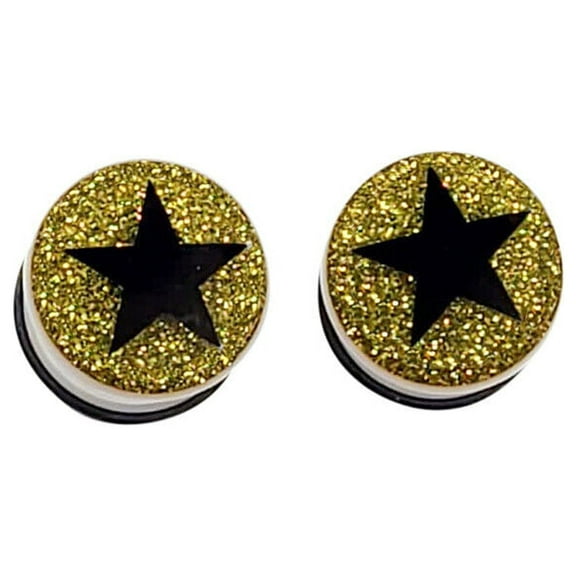 Pair of Acrylic O-ring Ear Plugs Gauges Black Star Gold Glitter Design