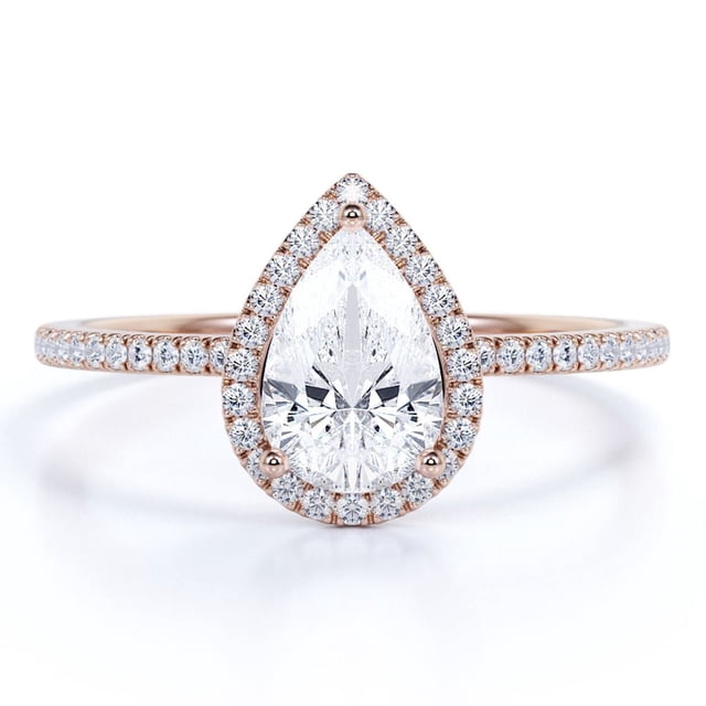 JeenMata Anillo de Compromiso de 1 Quilate con Corte de Pera - Anillo de Bodas - Anillo de Halo - Anillo Pavé - Anillo de Promesa - Baño de Oro Rosa de 18 K sobre Plata