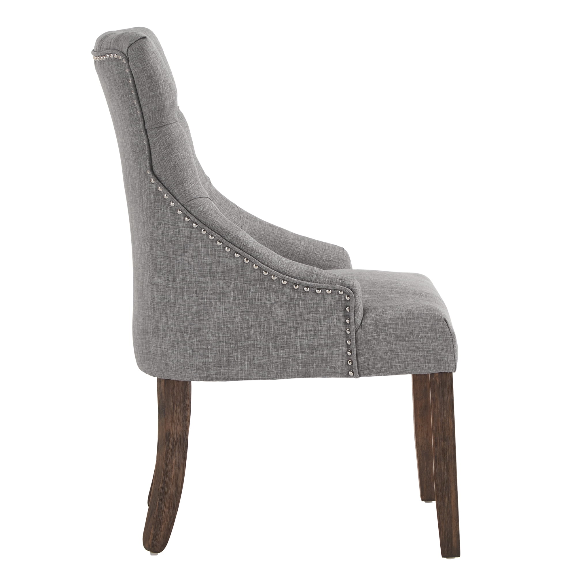 Weston Home Bolton Curved Tufted Back Dining Chairs, Set of 2, Grey Linen, Brown Finish