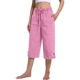 thumbnail image 2 of Petite Capris Pants for Women Cotton Linen Casual Summer Straight Wide Leg Loose Drawstring Elastic Waist Cropped Trouser Pink L, 2 of 4