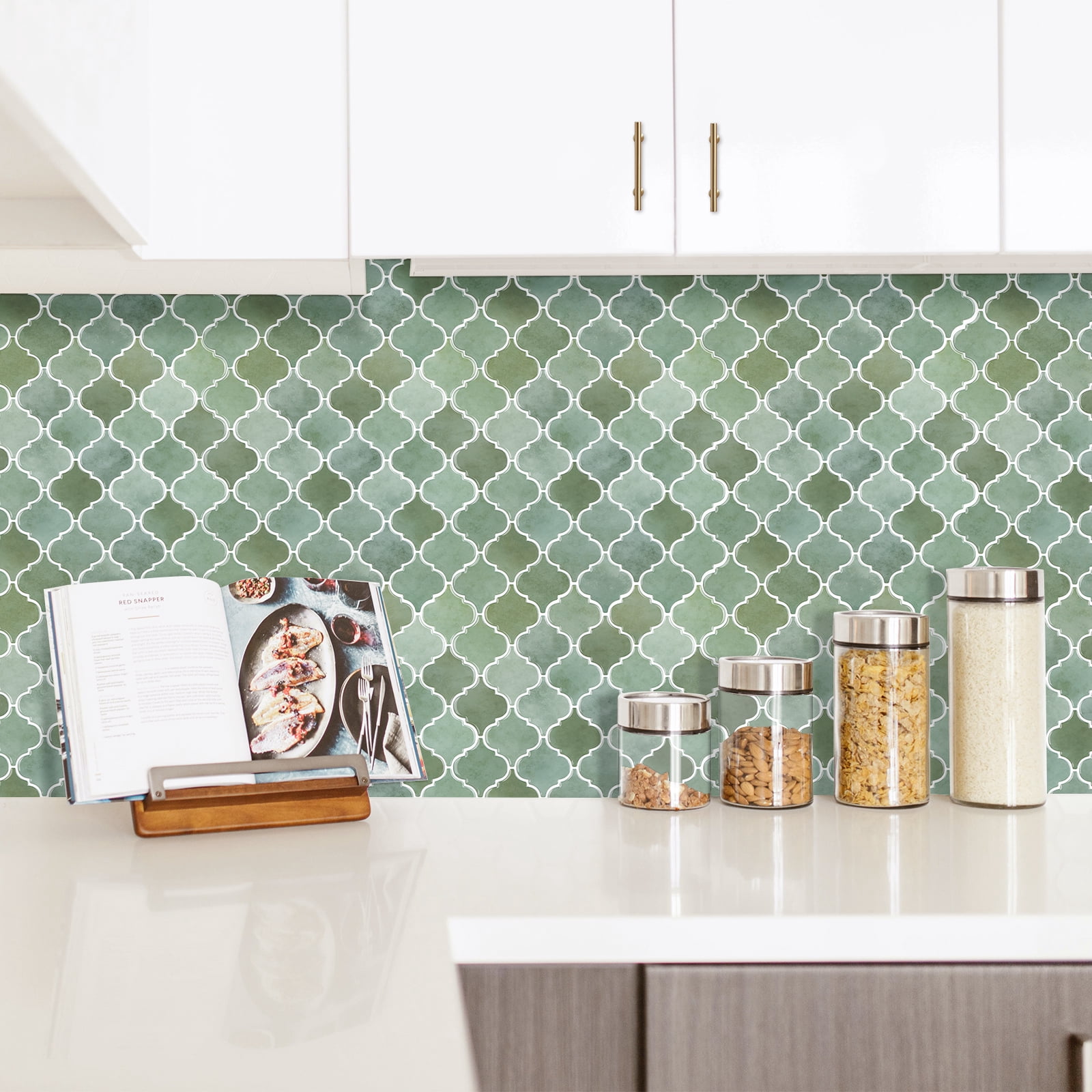 Thicker Upgrade Sage Green Peel and Stick Arabesque Vinyl Tile Backsplash 12 x 12 inch ( set of 10)