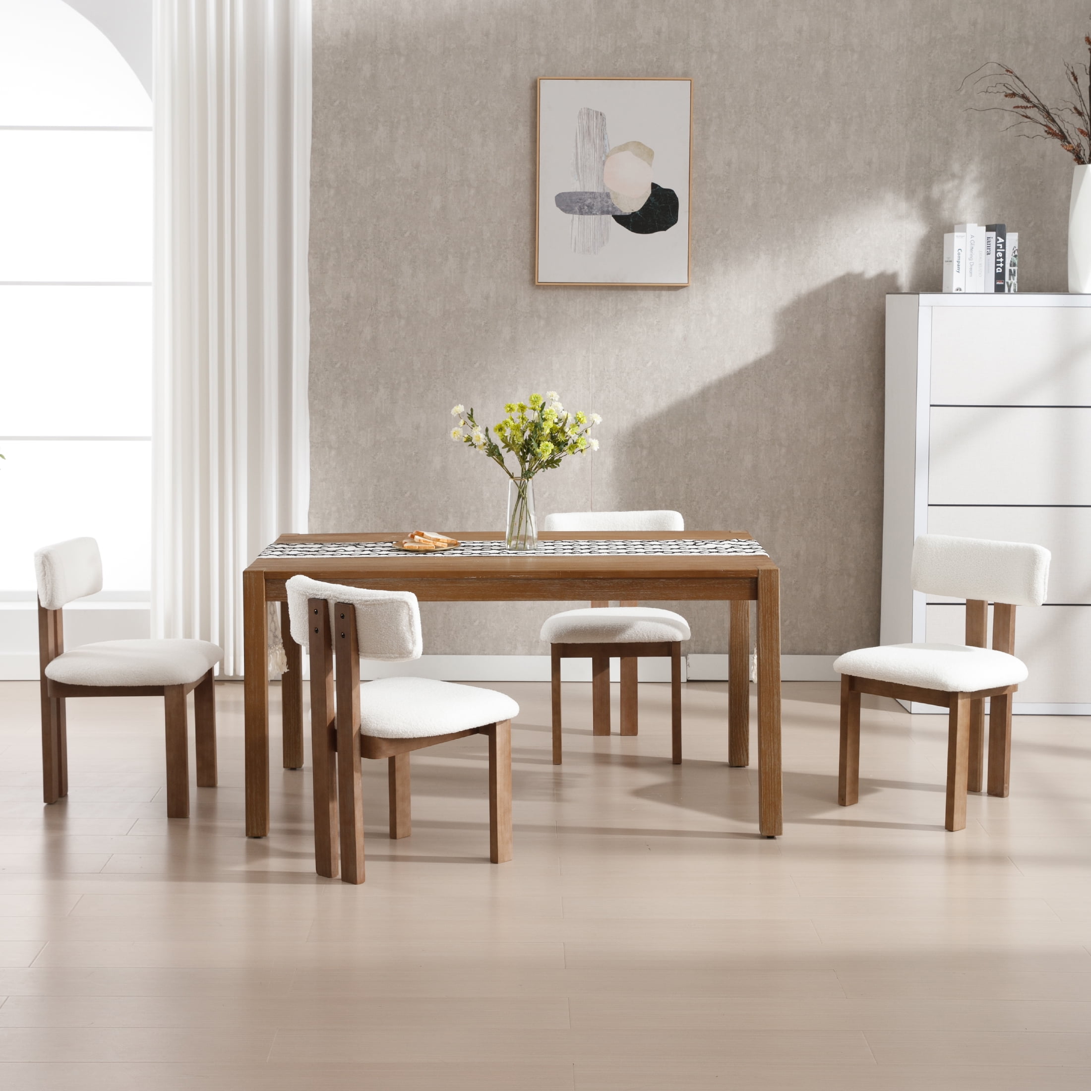 Guyou Wooden Dining Chairs Set of 2, Mid Century Modern Sherpa Upholstered Dining Side Chairs, Farmhouse Kitchen Chairs with Curved Back for Kitchen Dining Room Living Room, White
