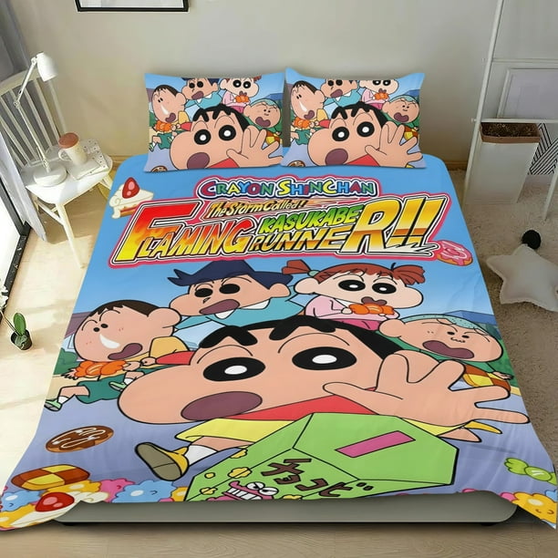 Crayon Shin-chan Conjunto de sábanas temático, trío de piezas, cómodo y amigable con la piel, diseño único, regalo de decoración para el hogar para familiares, amigos y fans, 90 cm * 190 cm