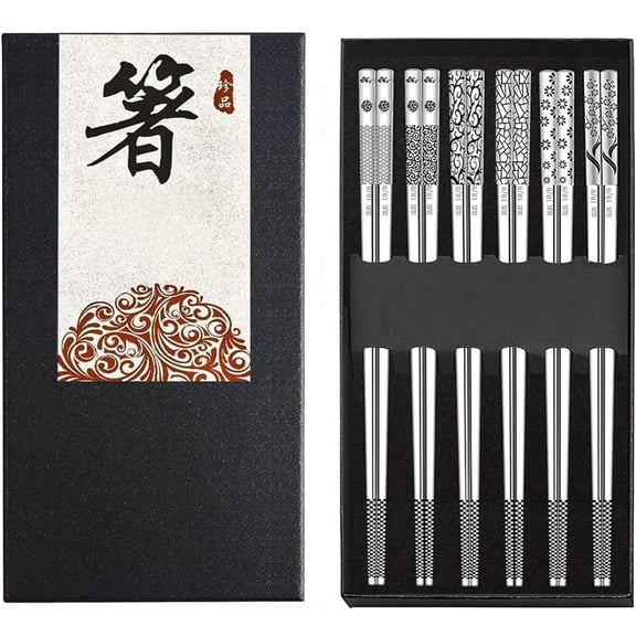 Metal Chopsticks 6 Pairs Stainless Steel Reusable Chopsticks Cute Laser Engraved Non-slip Korean Japanese ,18/8 Stainless steel Dishwasher Safe for Cooking Eating 9 1/4 Inches 6 Pairs