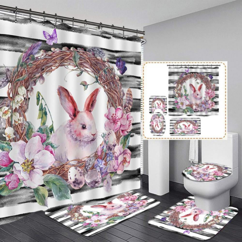 Easter Rabbit Shower Curtain Sets Bathroom Waterproof Fabric 12 Hooks & Bath Mat 
