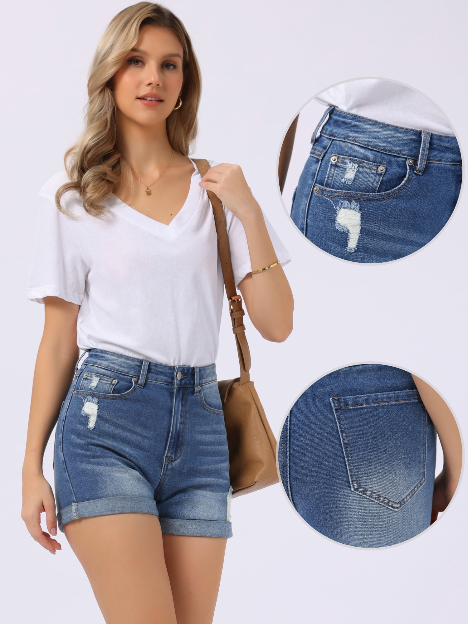 DARING DIVA Women's Stretchy Ripped Rolled Hem Cuffed Jean Shorts Medium Blue
