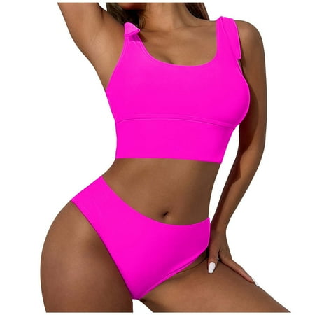 QYZEU Swimsuit for Women 2024 Bikini Womens Swimsuit with Shorts Bottom Women s Solid Color Fashion Bikini High Waisted Sports Two Piece Swimsuit Womens Hot Pink L