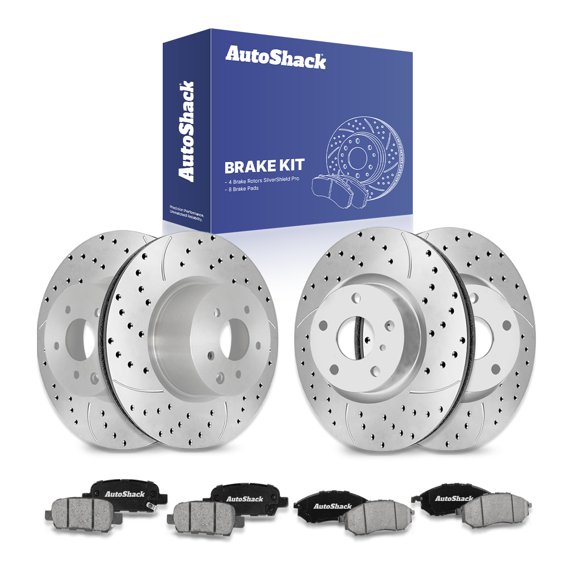 AutoShack Front & Rear Brake Rotors & Ceramic Pads for INFINITI & Nissan, G35 2007-2008 EX35 2008-2010 370Z 2009, AWD RWD V6 3.5L 3.7L - Silver Zinc Coated Drilled & Slotted - SilverShield Pro