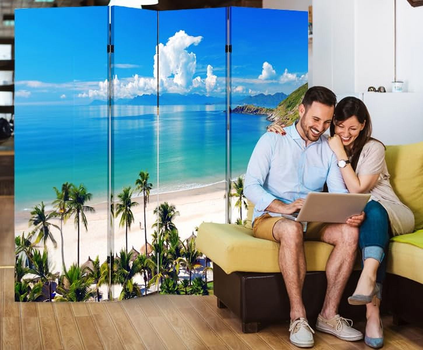4 Panels Privacy Screen Room Divider Partition with Beach Hut Canvas, Water Resistant for Living Room, Bathroom, Home Office or College Dorm, Wood Frame