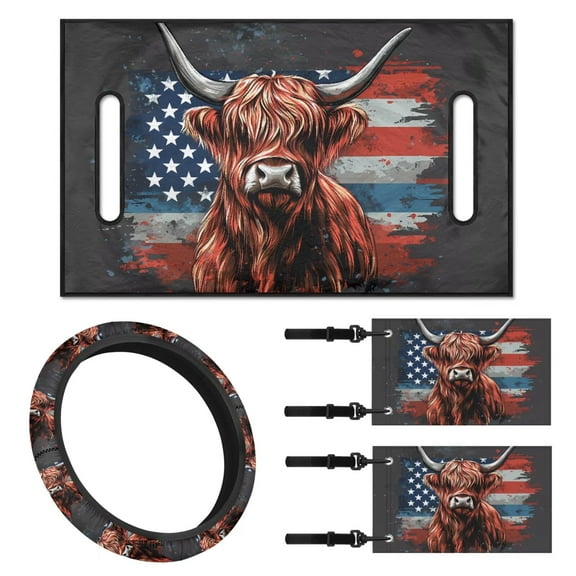 Jeiento Golf Cart Seat Cover 4 Pack with Steering Wheel Cover and Golf Cart Flags Highland Cow U.S. Flag 2 Seat Golf Cart Cushion Cover Steering Wheel Cover Accessories Club Car Flags