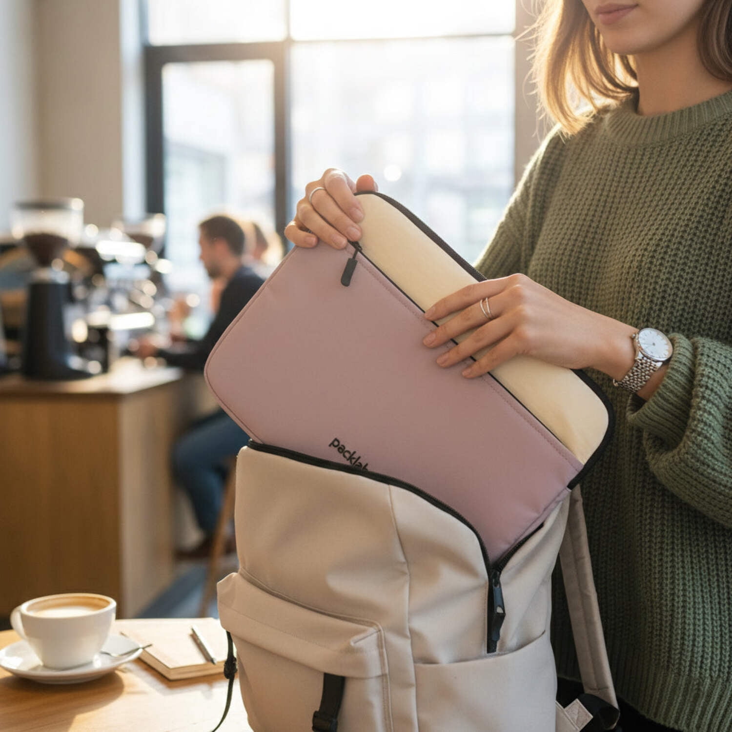 packlab Cream and Pink Laptop Sleeve with Pocket – Slim Padded 14 Inch Computer Case for School, Work, and Travel Use