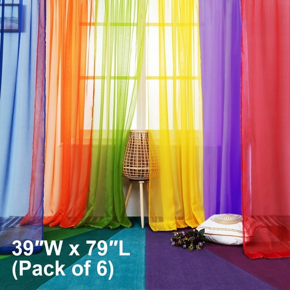 DZORUN 6 Piece Rainbow Sheer Curtains Colorful Backdrop Bright Curtains Set for Playroom Nurseries Bedroom & Festival Decoration Birthday Party Atmosphere Decoration
