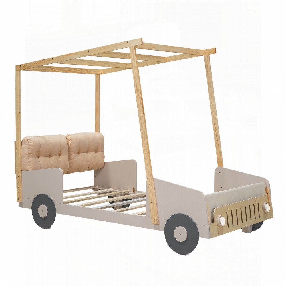 Twin Size Car Bed with Natural Wood and Fun Car Light LED