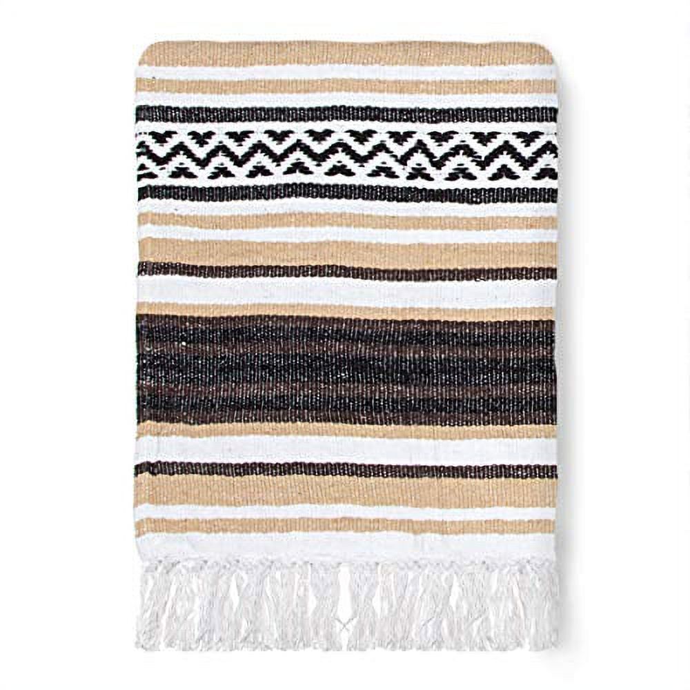 Americanflat Authentic Mexican Yoga Blanket Soft Woven Cotton and Polyester Falsa Blanket in Camel, Brown Striped